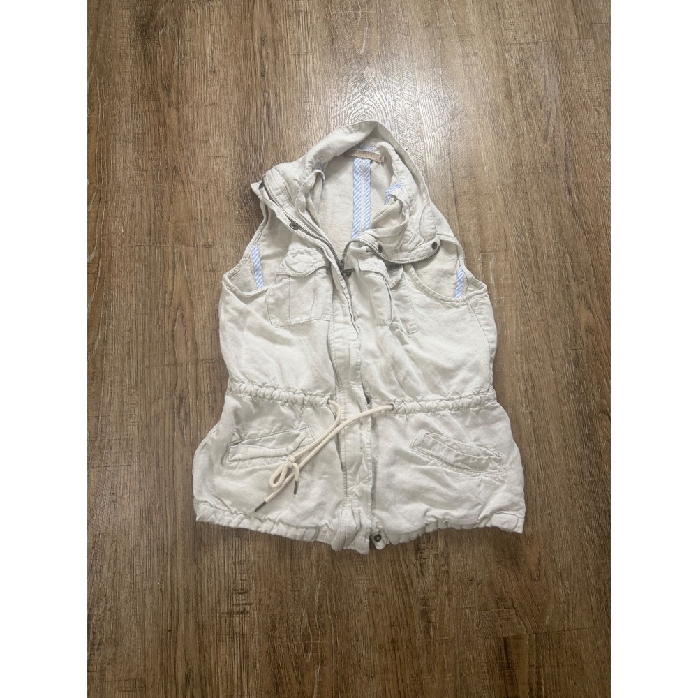 Max Jeans Utility Vest Cream Beige Linen Blend Drawstring Waist Pockets Womens